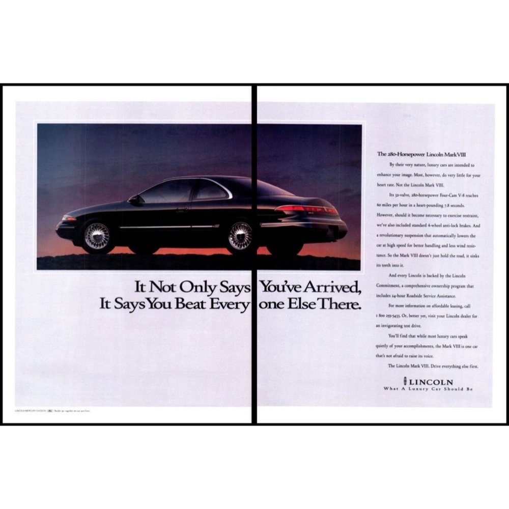 1994 Lincoln Mark VIII Luxury Coupe 2 Page Vintage Print Ad Night Dusk Wall Art